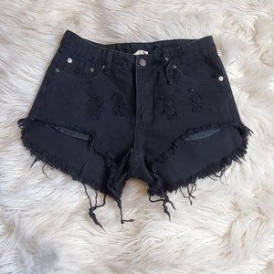 BLACK HIGH RISE DESTRUCTED HEM JEAN SHORTS